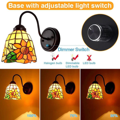 Bedside Wall Mount Lamp With Dimmable Switch, Industrial Gooseneck Sconce With Plug In Cord, Sea Blue Stained Glass Shade, lighting effects at different dimming levels