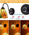 Bedside Wall Mount Lamp With Dimmable Switch Gooseneck Sconce Industrial Vintage Look Floral Stained Glass Shade Plug In Cord