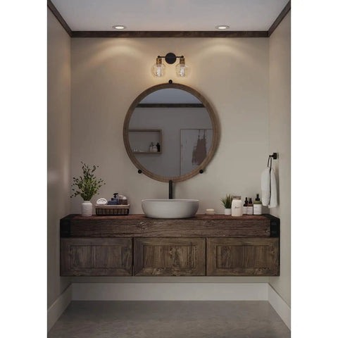 Coastal Bath Vanity Light, 2 Light Clear Glass Globes, Antique Bronze Finish above rustic bathroom mirror