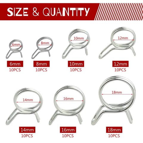 70 Piece Double Wire Fuel Line Hose Clamp Set With Stainless Steel Spring Clips, sizes 6mm to 18mm, six clamps visible.