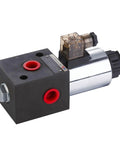 Solenoid Hydraulic Diverter Valve for Directional Spool Flow Control, SAE Six, 24V DC, phosphated cast body finish, front view.