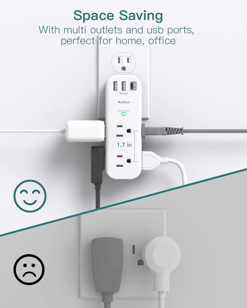 Rotating Outlet Extender With Six AC Outlets And Three USB Ports Including One USB C Three Sided Slim Power Strip plugged into wall