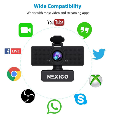 Top Tier 1080P Webcam Delivering Knockout Video Quality And Crystal Clear Audio Straight Plug And Play USB Computer Camera with logos of compatible apps.