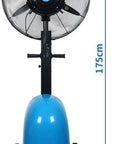 Heavy Duty Misting Floor Fan With Oscillating Pedestal Stand And Super Quiet Industrial Air Circulator, 175cm tall, blue base.