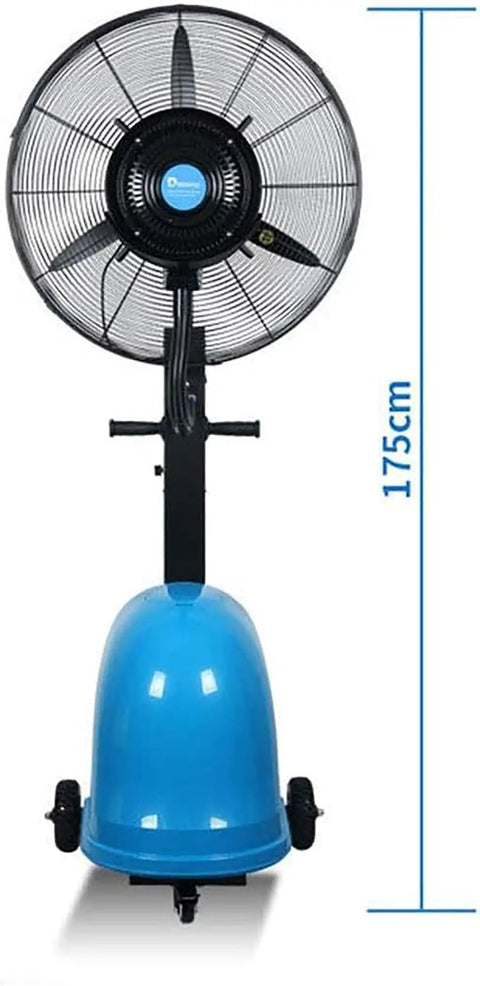 Heavy Duty Misting Floor Fan With Oscillating Pedestal Stand And Super Quiet Industrial Air Circulator, 175cm tall, blue base.