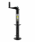 Quick Drop Tongue Jack For A-Frame Trailers, Cargo And Utility Trailers, And 5th Wheel RVs, Power Or Manual Operation, Drill Ready, No Fuss Easy Raise And Lower, Black. Black jack with hand crank.