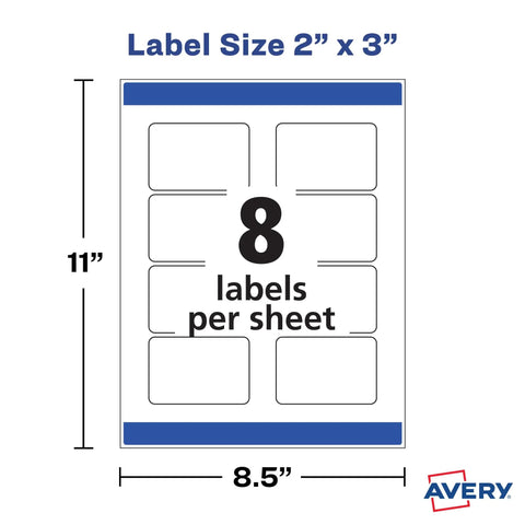 Diagram showing sheet with 8 customizable two by three inch rectangle labels glossy crystal clear finish.