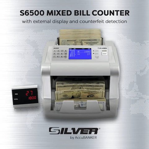 Front view of Fast Mixed Currency Money Counter That Handles US Dollars Euros Canadian Dollars British Pounds And Mexican Pesos With Quick Counting And 5 Point Counterfeit Detection UV MG IR DD MT DBL HLF CHN S6500 displaying count results.