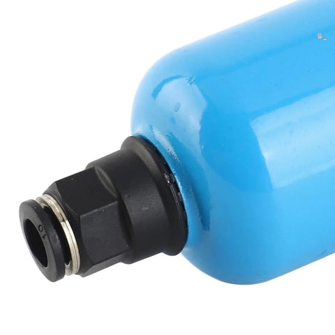 Close-up of G1/2 Aluminum Auto Drainer Valve for Pneumatic Systems, black connector and blue body
