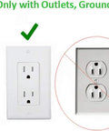 Comparison of compatible wall outlets for Universal Outlet Concealer with WiFi Smart Power Strip, showing correct ground pin orientation.