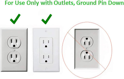 Comparison of compatible wall outlets for Universal Outlet Concealer with WiFi Smart Power Strip, showing correct ground pin orientation.