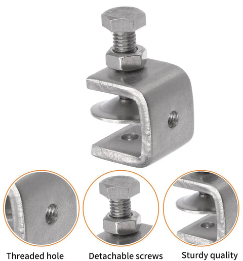 Mini Tiger Clamp Set For Mounting, Boss Heavy Duty Stainless Steel U Clamps And Small Desk G Clamps, close-up of U clamp with threaded hole and detachable screws.