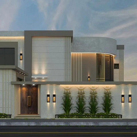 Modern house façade with 2 Pack Crystal LED Wall Lights With Frosted Matte Shade, Sleek Black Aluminum Sconce Outdoor Fixtures