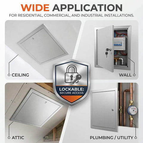 Top Shelf Locking Aluminum Drywall Access Panel With Rock Solid Galvanized Steel Frame and Snug Key Lock Cover in ceiling, wall, and attic applications.