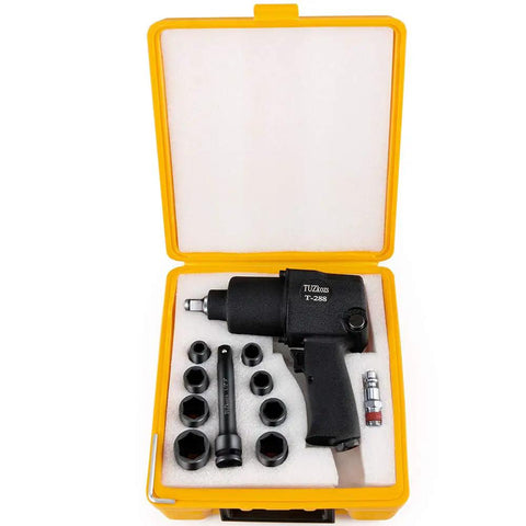 Heavy Duty Half Inch Air Impact Wrench Kit With Twin Hammer, Pistol Grip Design, Five Speed Adjustable Power, includes sockets
