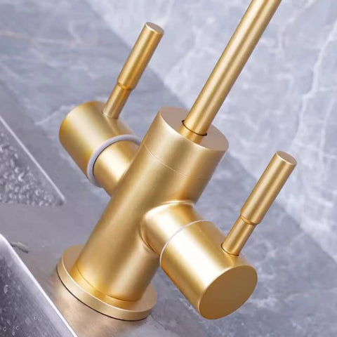 Close-up of YHdtUO Filter Brushed Gold Water Purifier Double Outlet Single Cooling Stainless Steel Kitchen Faucet.