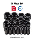 Heavy Duty Half Inch Drive Impact Socket Set 26 Piece Metric Kit From 10mm To 36mm Cr Mo Alloy Steel sockets displayed