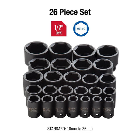 Heavy Duty Half Inch Drive Impact Socket Set 26 Piece Metric Kit From 10mm To 36mm Cr Mo Alloy Steel sockets displayed