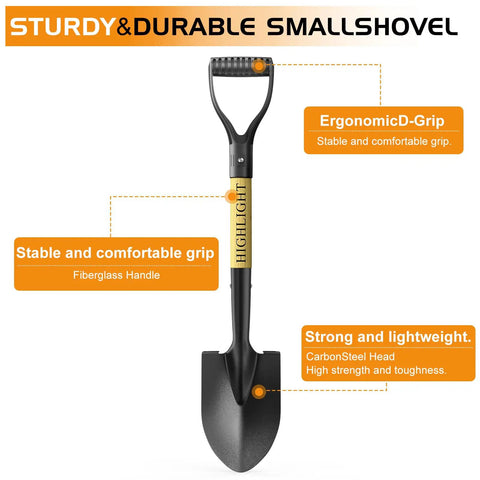 Heavy Duty 28 Inch Round Shovel With D Handle Solid Wood Grip And Carbon Steel Blade For Digging In Sand Snow Dirt Garden Yard Camp Beach Kids All Purpose Projects displayed with ergonomic D-handle and carbon steel blade.