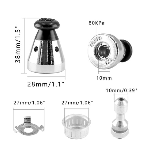 Universal Pressure Cooker Relief Jigger Valve Set, 28x38mm stainless steel parts, 0.4 inch hole, 2-piece replacement kit image.