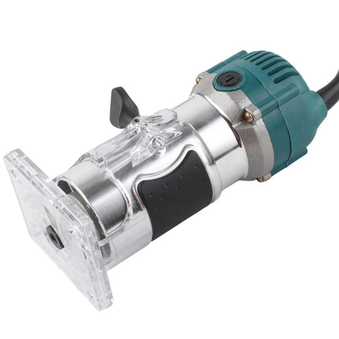 Built Tough 800W Electric Palm Router With Clear Base And Soft Touch Rubber Grip Smooth As Butter 30000 Rpm showing clear base and ergonomic grip.
