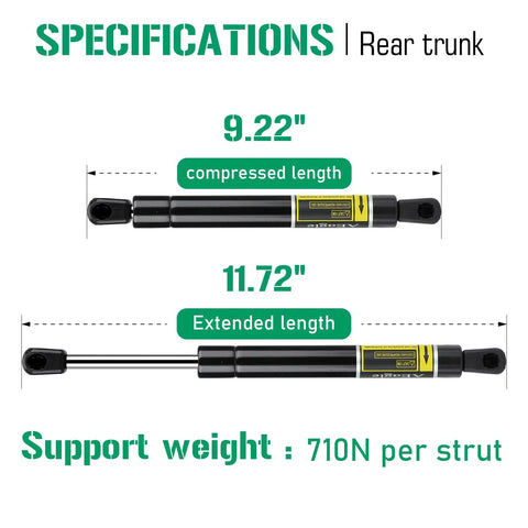 Volkswagen Jetta Rear Trunk Lift Support Struts Shocks Gas Springs 710N Each 11.72 Inch Extended 9.22 Inch Compressed Replacement 6430 SG401052 specifications