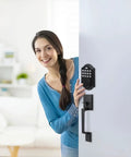 Woman using Keypad Deadbolt Electronic Keyless Entry Door Lock With Handle For Homes Offices And Hotels No Key Hassle