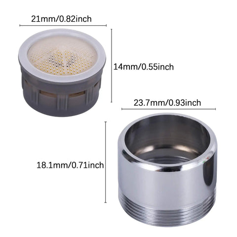 Top Shelf Chrome Faucet Aerators Two Pack components, showing measurements and details of aerator and fitting.