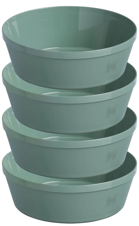 Green bowls from Grub Ready All In One Camp Kitchen Gear 26 Piece Outdoor Cook Set With 4 Qt Pot Lid 8 Inch Fry Pan Plates Bowls Utensils