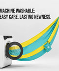 Machine washable Ultra Lightweight Camping Hammock With 500 Lb Capacity And Tree Straps showcased by washing machine.