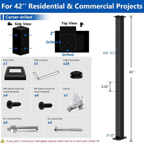 Built Tough 42 Inch Modular Cable Railing Corner Post For Deck And Porch Projects featuring corner-drilled views and parts list.