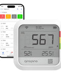CO2 Monitor Thermometer Hygrometer With Remote IoT Alerts, Fast Notifications, And Rechargeable Battery displayed on screen