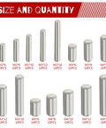 Stainless Steel Dowel Pins Shelf Support Pegs Kit, 150 Pieces, M2 M3 M4, 15 Sizes, display of different sizes and quantities