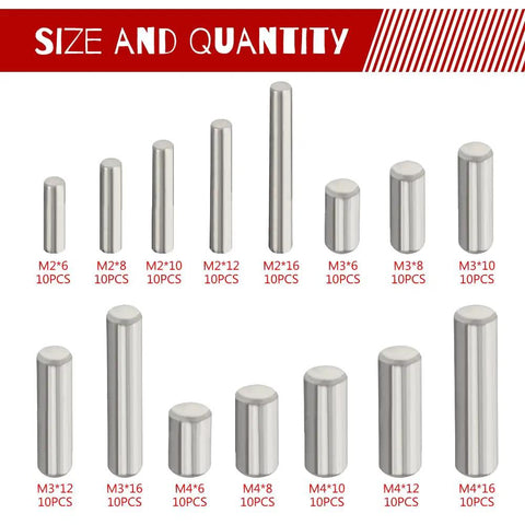 Stainless Steel Dowel Pins Shelf Support Pegs Kit, 150 Pieces, M2 M3 M4, 15 Sizes, display of different sizes and quantities