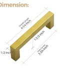 40 Pack Three And Three Quarter Inch Square Cabinet Handles In Brushed Brass Finish With Stainless Steel Build, Three And Three Quarter Inch Hole Center, Modern Kitchen Cabinet Pulls To Dress Up Cabinets, Drawers And Doors, showing dimensions.