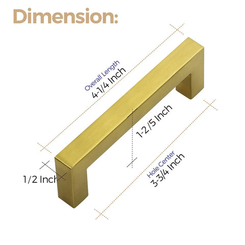 40 Pack Three And Three Quarter Inch Square Cabinet Handles In Brushed Brass Finish With Stainless Steel Build, Three And Three Quarter Inch Hole Center, Modern Kitchen Cabinet Pulls To Dress Up Cabinets, Drawers And Doors, showing dimensions.