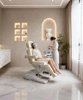 Qnoxlim Full Electric Massage Table With Lift, Whole Piece 3 Motor Professional Facial Bed in spa, white PU leather with client.