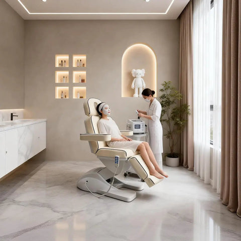 Qnoxlim Full Electric Massage Table With Lift, Whole Piece 3 Motor Professional Facial Bed in spa, white PU leather with client.