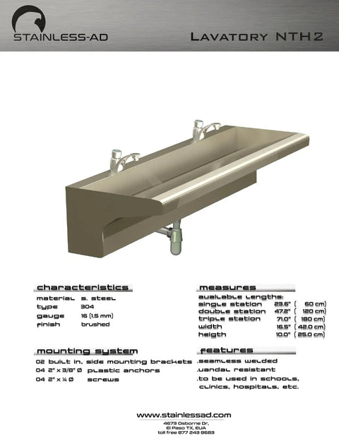 Top Tier Wall Mount Stainless Steel Bathroom Sink Commercial Trough Wash Basin Solid 304 Grade Steel Twin Station Setup with faucet.