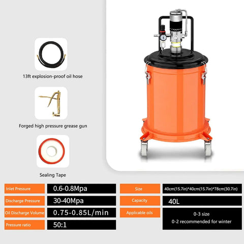 Rugged Pneumatic Grease Pump Kit for 5 Gallon Drums with 50:1 Pressure, 13ft High Pressure Hose, 40L Capacity, Heavy Duty Grease Gun, Flexible Swivel Head, Ideal for Quick Machine Lubrication