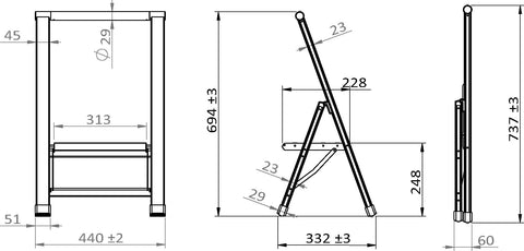 Technical diagram of Workhorse Aluminum 1 Step Folding Ladder With Wide Anti Slip Steps And Safety Latch Lightweight Heavy Duty Step Stool