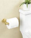 Brushed Gold Toilet Paper Holder And Towel Ring Set All In One Stainless Steel Wall Mount Bathroom Hardware Two Piece With 180 Degree Rotating Ring And Easy No Brainer Horizontal Or Vertical Install 16 Inch Length shown installed beside a toilet