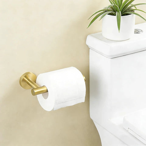 Brushed Gold Toilet Paper Holder And Towel Ring Set All In One Stainless Steel Wall Mount Bathroom Hardware Two Piece With 180 Degree Rotating Ring And Easy No Brainer Horizontal Or Vertical Install 16 Inch Length shown installed beside a toilet