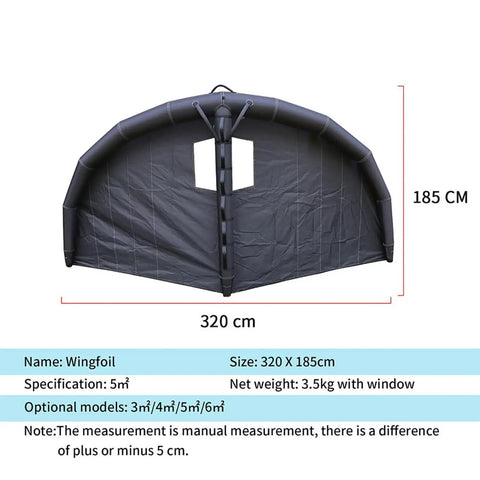 Handheld Inflatable Surf Wing For Windsurfing And Kitesurfing, 5m² lightweight nylon foil wing gear with dimensions shown