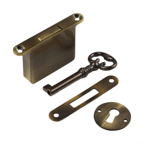 Vintage Brass Drawer Lock With Key For Cabinets And Desks, Antique Style Cabinet Door Latch in gold bronze finish.