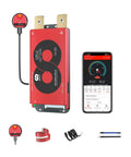 Pro Grade Heavy Duty Smart Battery Management System With Bluetooth Sync For Li Ion Power Packs 20S 72V 150A with smartphone, cables, and monitor.