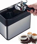 Electric Espresso Portafilter Cleaner With Knock Box And Dual Spin Brushes For Lightning Fast One Hand Cleanup with portafilter.