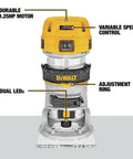 Fixed Base Router With 1.25 HP 7.7 Amp Motor Corded Woodworking Router Variable Speed Trigger Soft Start Full Time Electronic Feedback Dual LEDs Compact DWP611 For Precise Smooth Cuts Pro Grade, showing motor and LEDs.