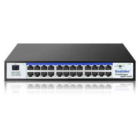 Front view of 24-Port Workhorse Gigabit Ethernet Switch With Plug And Play Setup, Smart Managed Network Hub, VLAN And QoS Ready, Industrial Grade Fan