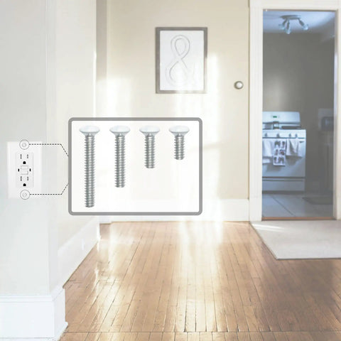 Wall Plate Screws Kit 100 Pcs White Outlet And Switch Plate Screws with 6 32 Thread shown in home setting, assorted lengths.